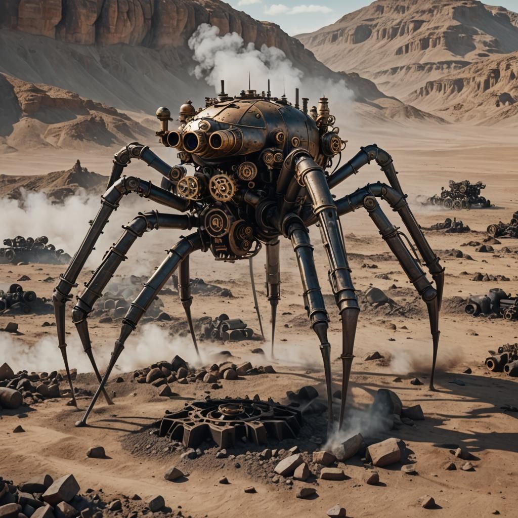 Steampunk Spider Tank in Barren Landscape