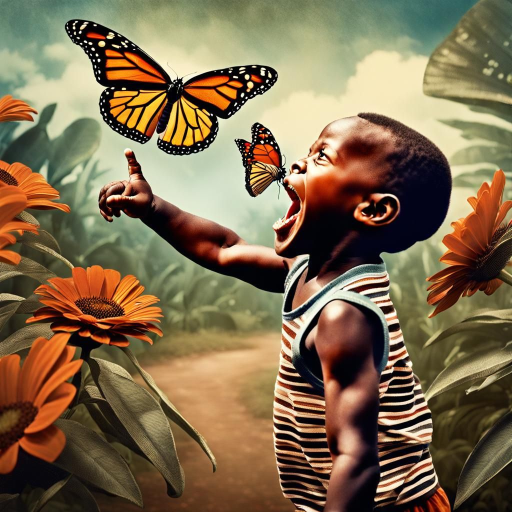 Surreal Vintage Photo: Giant Butterfly Screaming