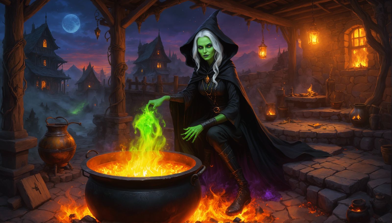 <lora:Drow:1.0> Hyperrealistic evil witch wearing all black robe, with bright green skin, yellow eyes, with an evil grim...