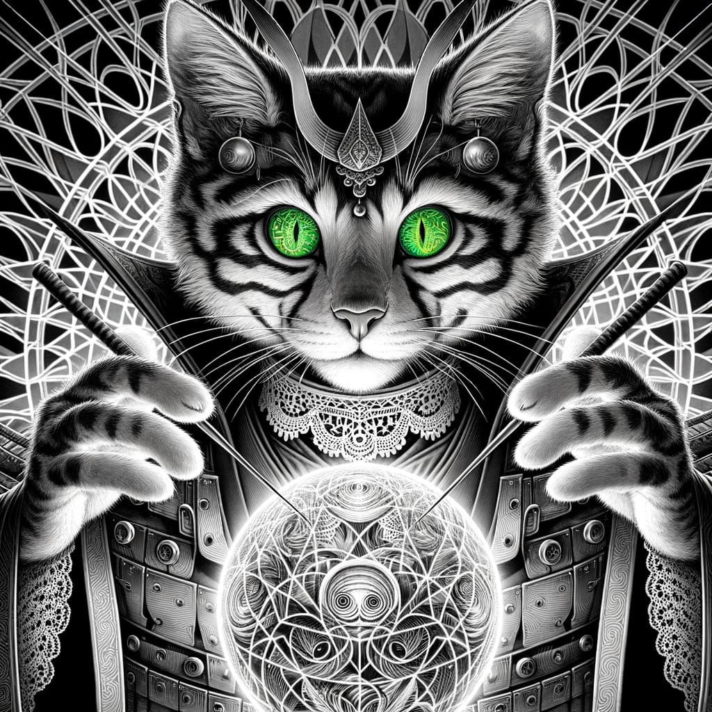 Feline Samurai Master of Optical Illusions in Monochrome