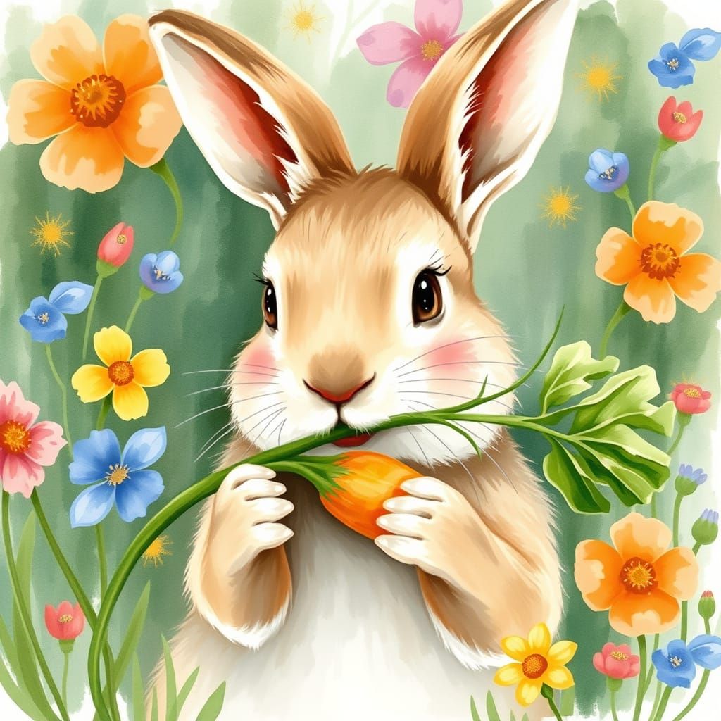 Whimsical Rabbit Portrait in Watercolor Style