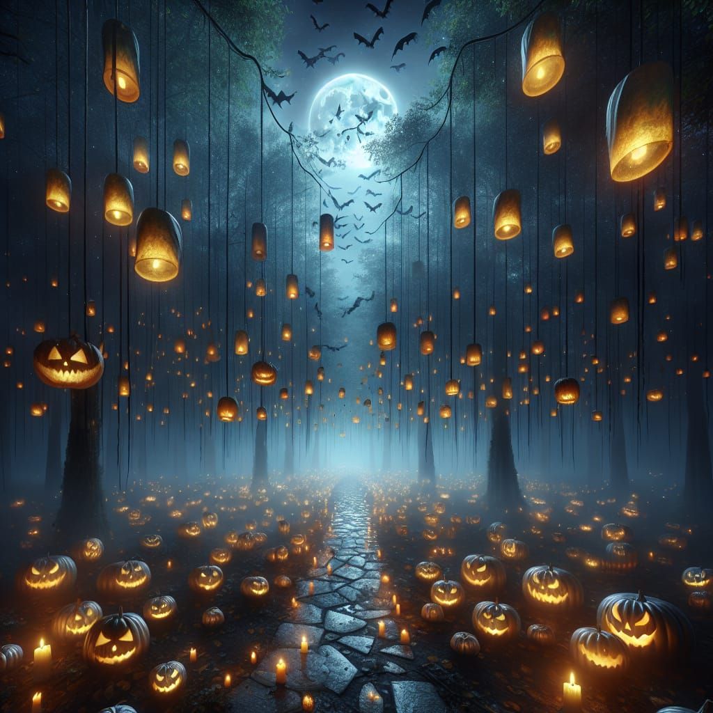 Misty Forest Path with Floating Candles and Ghosts