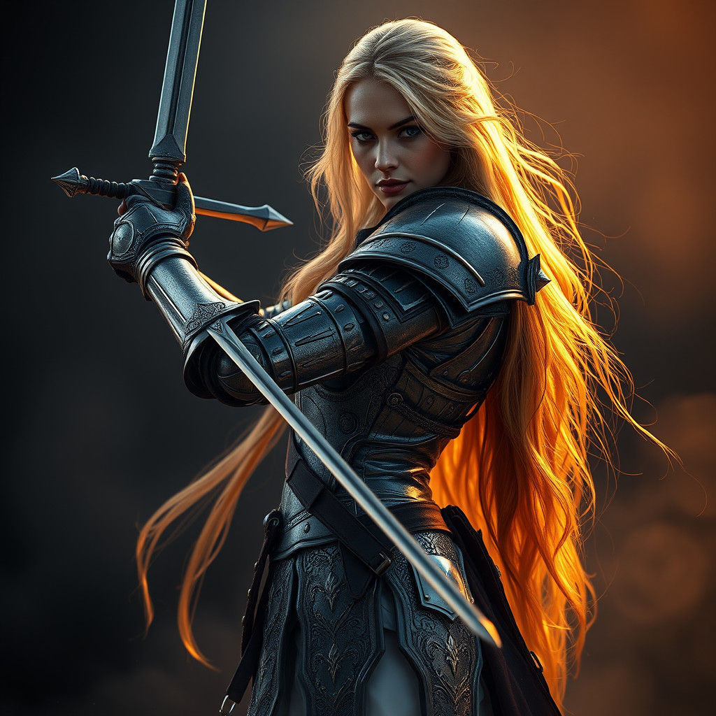 Female Warrior Knight Draws Sword in Hyperrealistic Detail