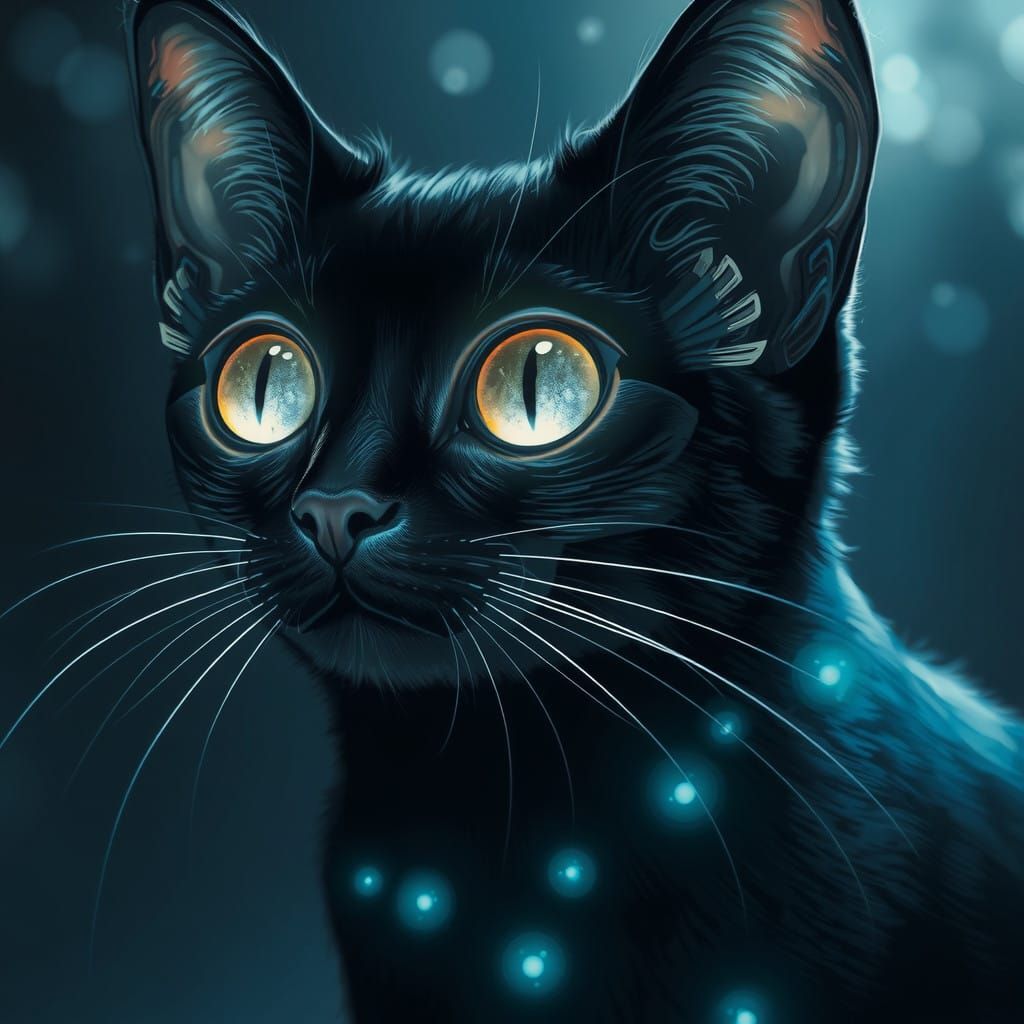 Midnight Cyberpunk Cat with Shimmering Eyes
