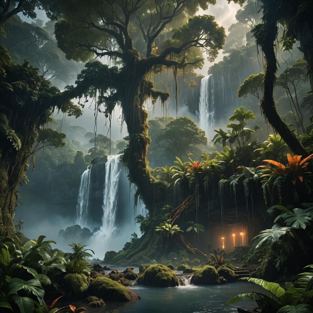 Lush Rainforest Waterfall in Mannerist Digital Painting