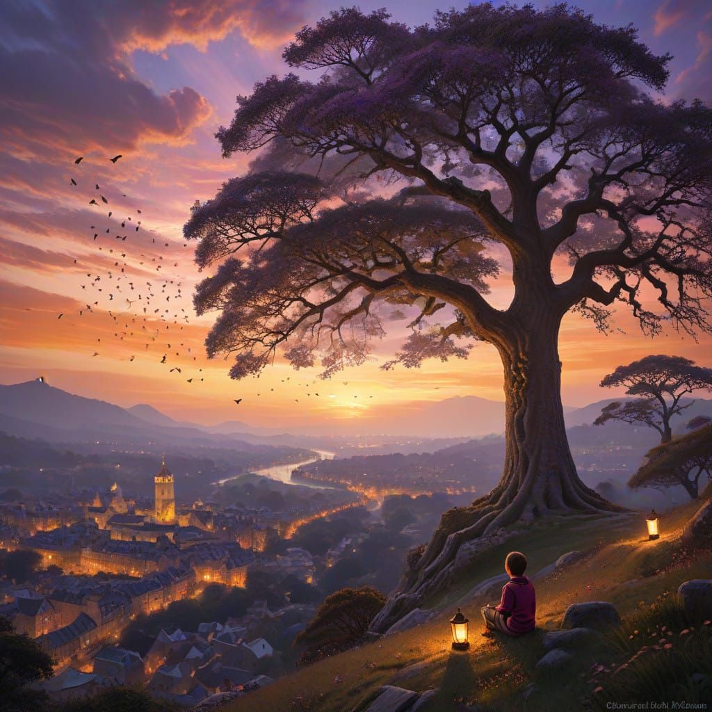 Surreal Cityscape at Dusk with Golden Light and Glowing Lant...