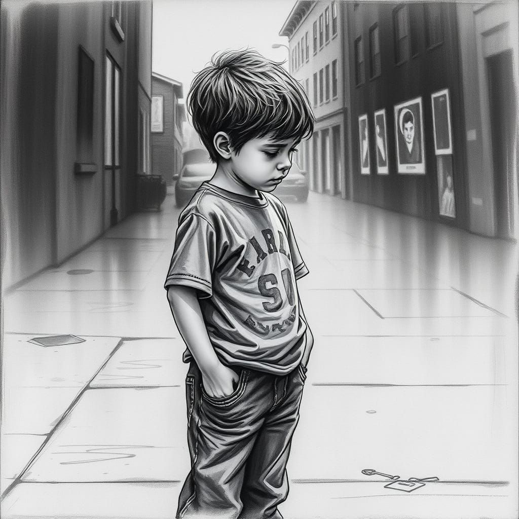 Boy Counting Sidewalk Stripes in Charcoal Drawing Style