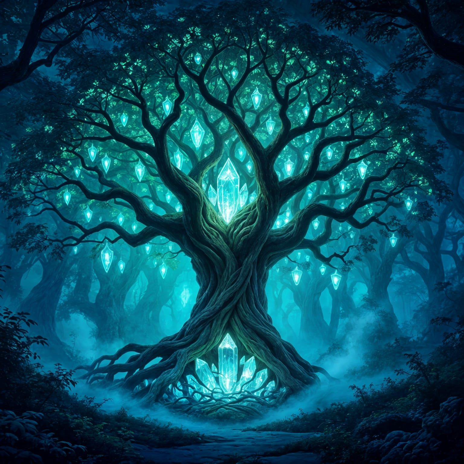 Ancient Bioluminescent Tree in Mystical Forest Clearing