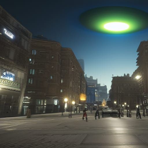 Renaissance Street with UFO in Aetherpunk Style