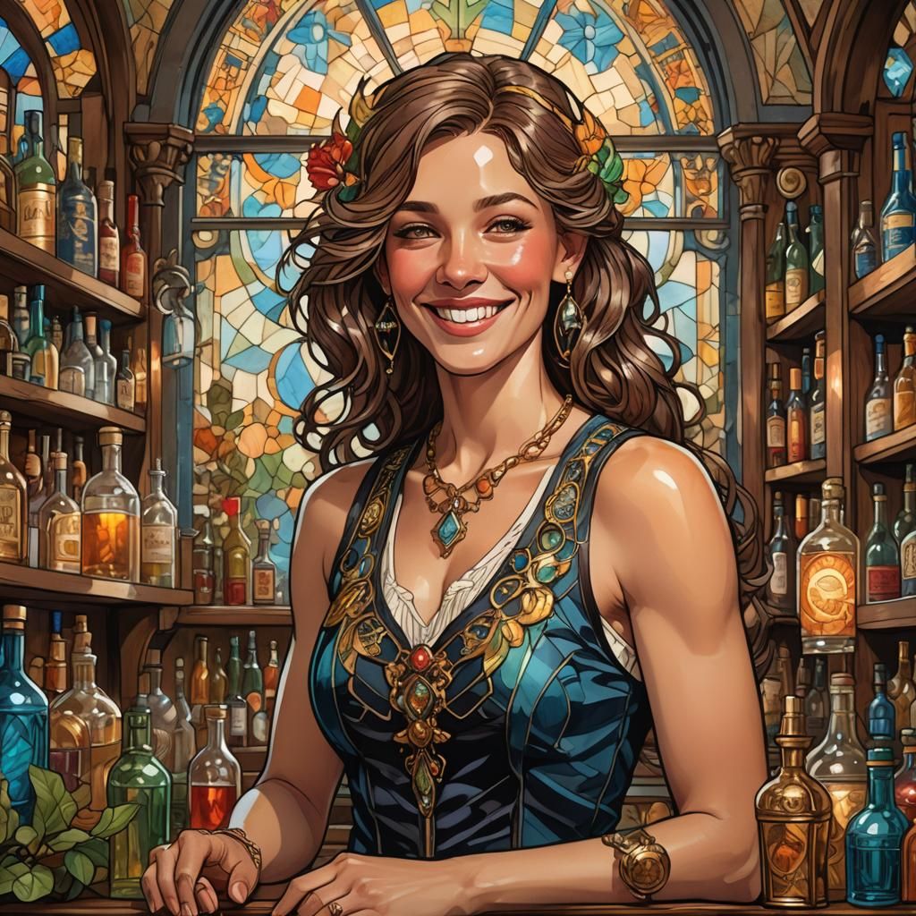 Joyful Victorian Ork Bartender Portrait in Art Nouveau Style