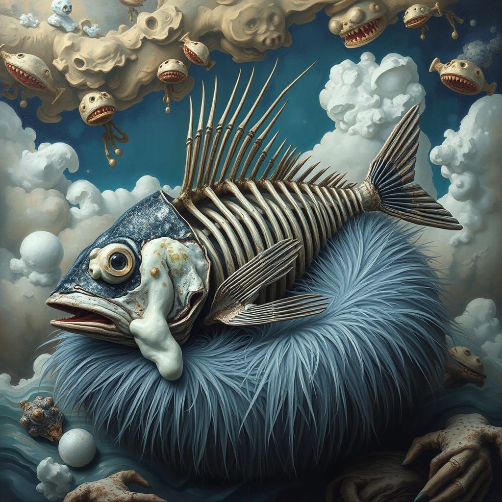 Surrealist Fish Wears a Luxurious Fur Coat