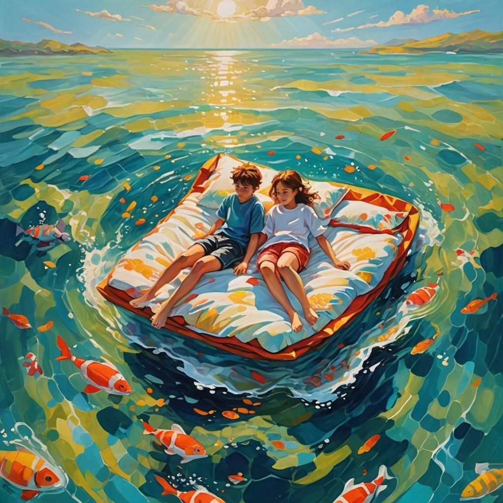 Children's Dream: Floating Bed in Ocean, Oil Painting