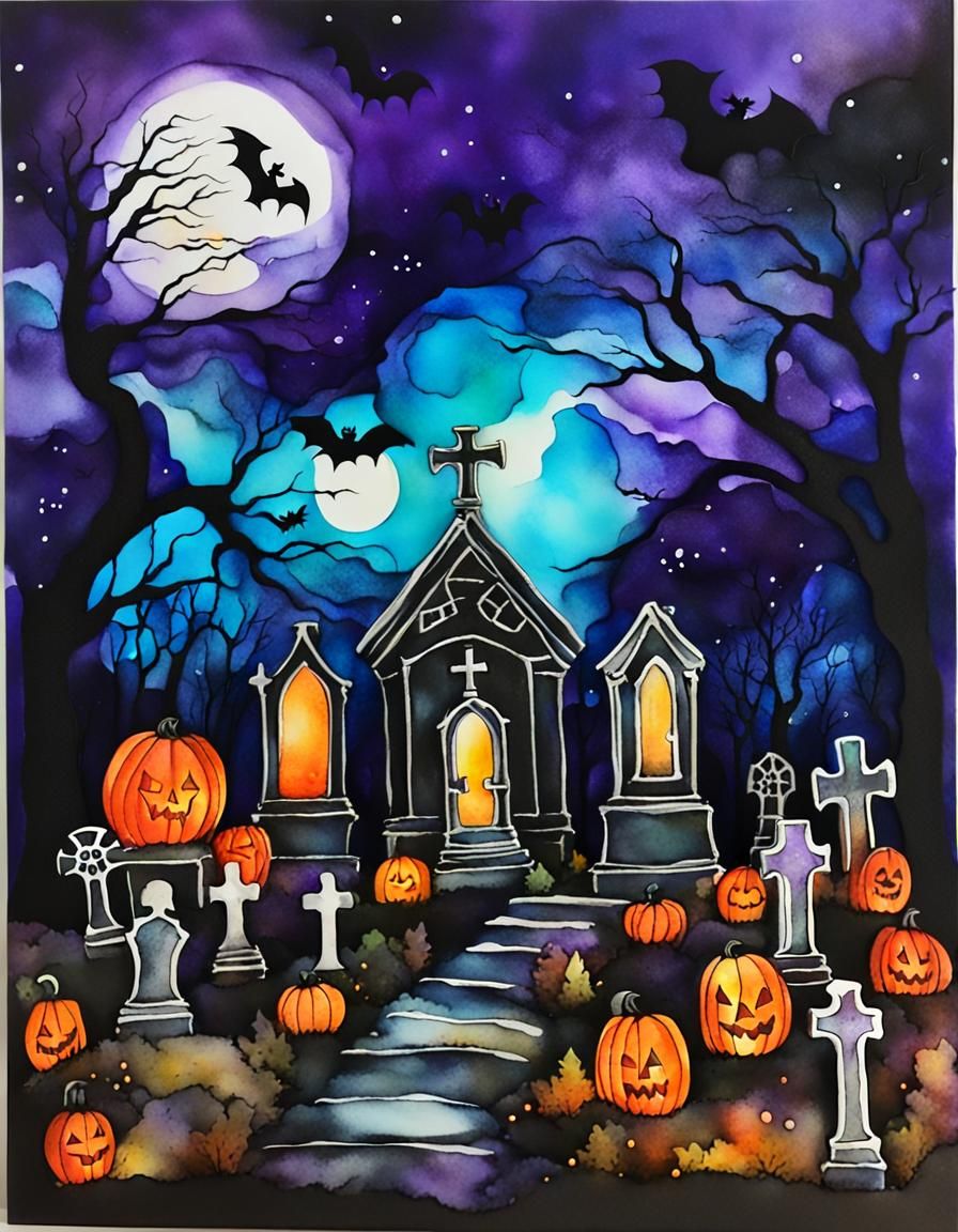 Spooky Graveyard at Night in Alcohol Ink Style