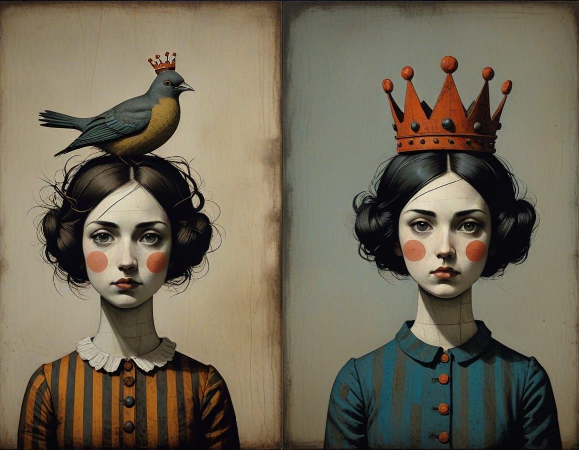 Two Girls in Whimsical Headpieces, in a Style Inspired by Wi...