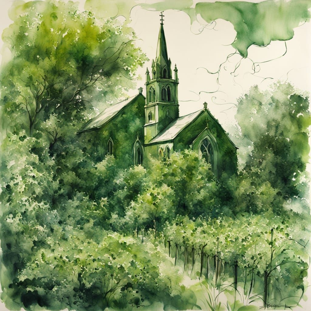 Green Vineyard Church in Ink and Wash Style