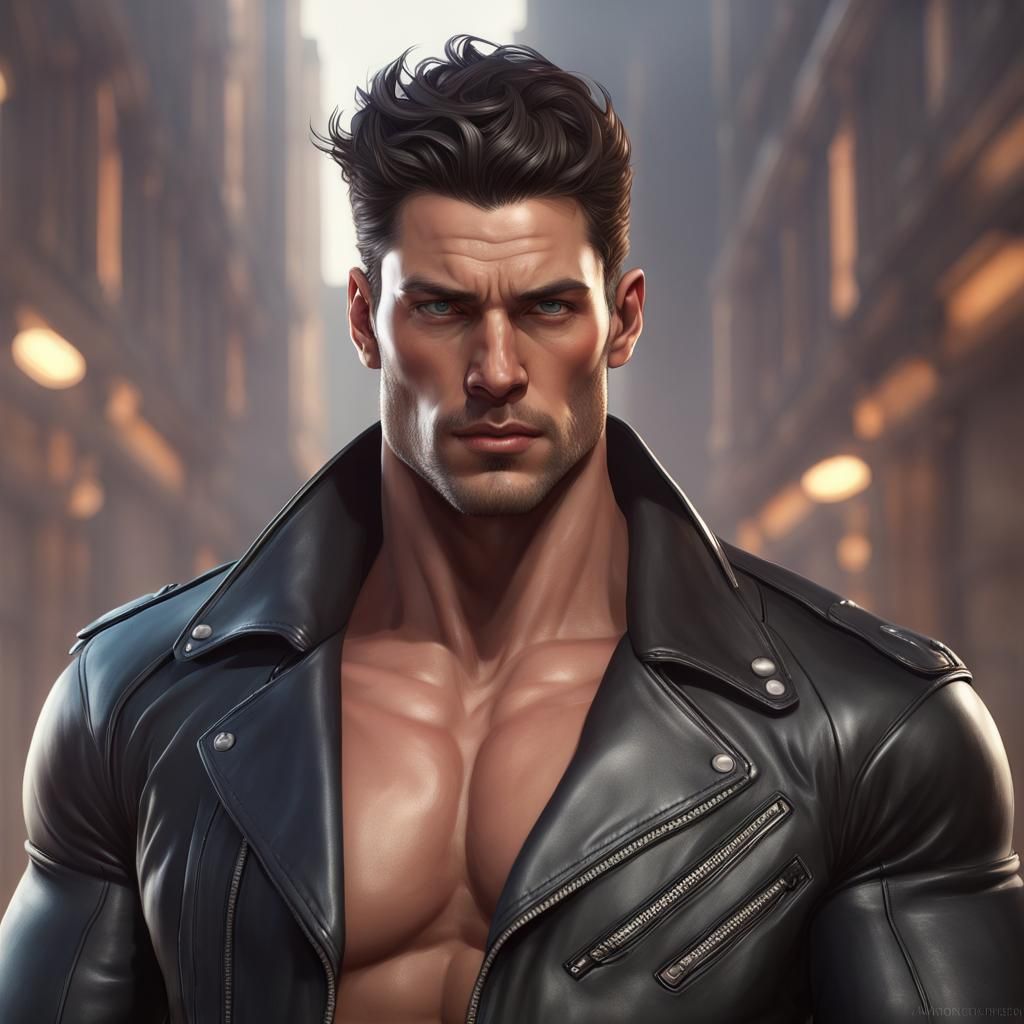 Handsome muscular man wearing black leather jacket. He is muscular. He has dark hair.