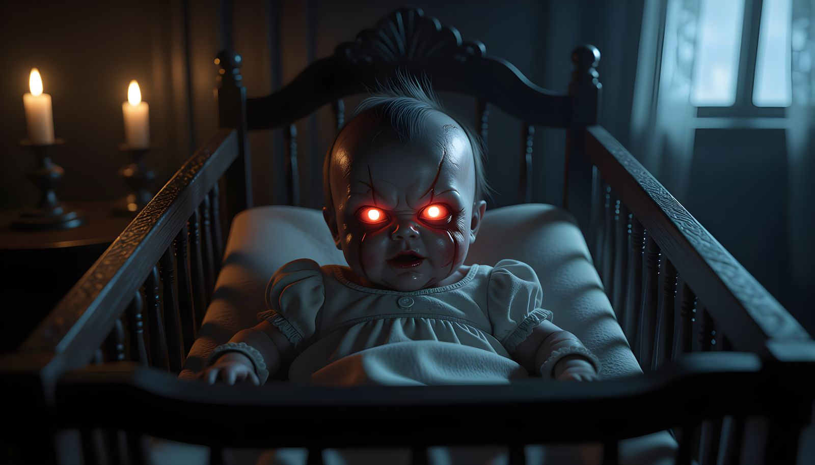 Demonic Baby with Glowing Eyes in Victorian Room
