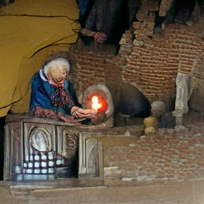 Old Woman Lighting Candle Over Hearth