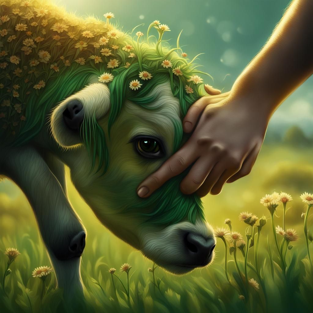 Miniature Calf on Hand in Green Fields