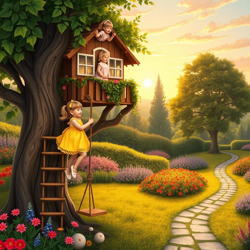 Girls Play in Whimsical Treehouse in Country Garden