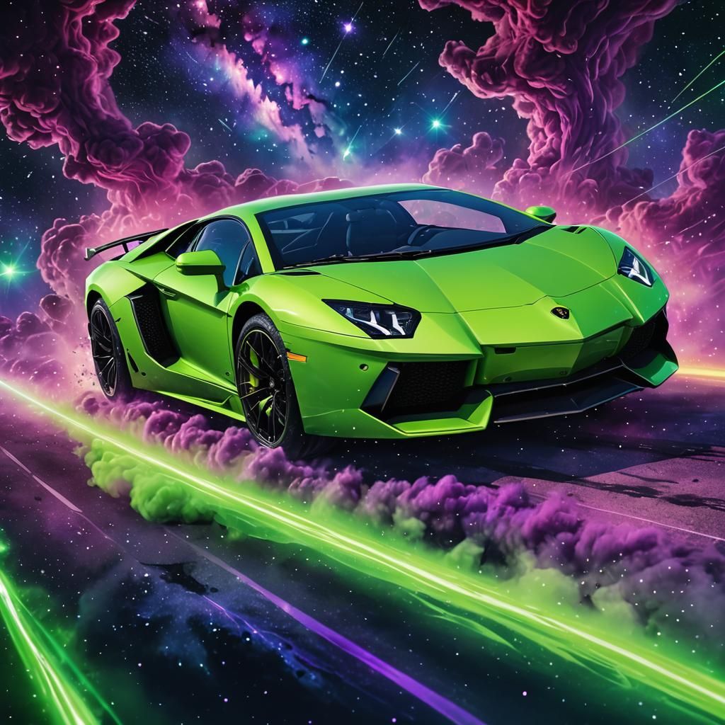 Neon Lamborghini Aventador Soaring Through Nebula