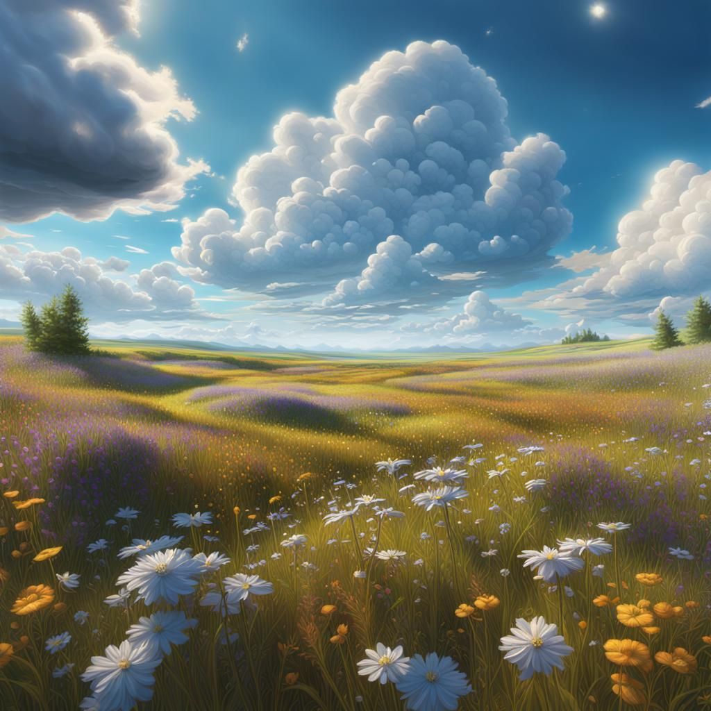 Summer Prairie Meadow Under Blue Sky