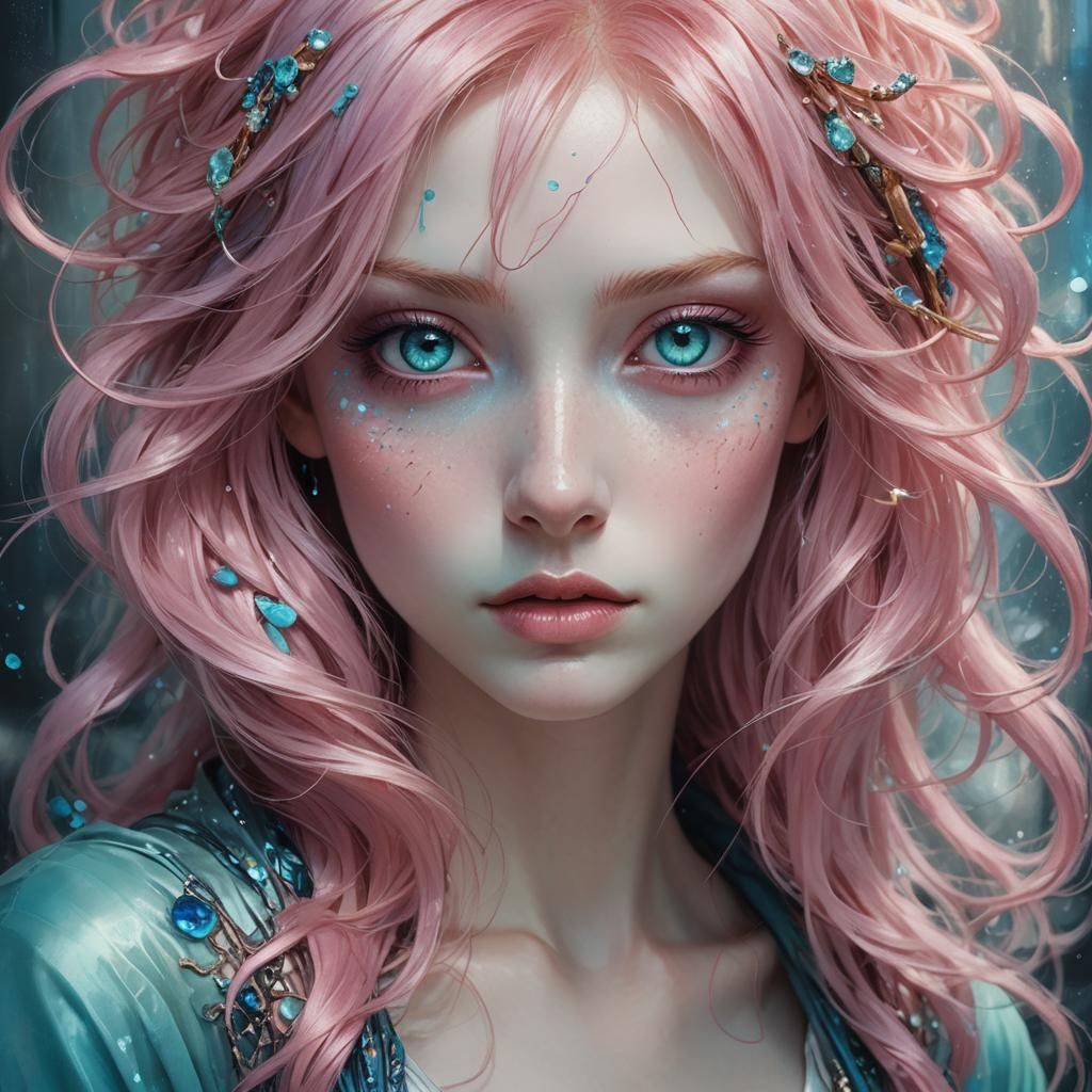 Dreamy Pink-Haired Girl Portrait in Surrealist Style