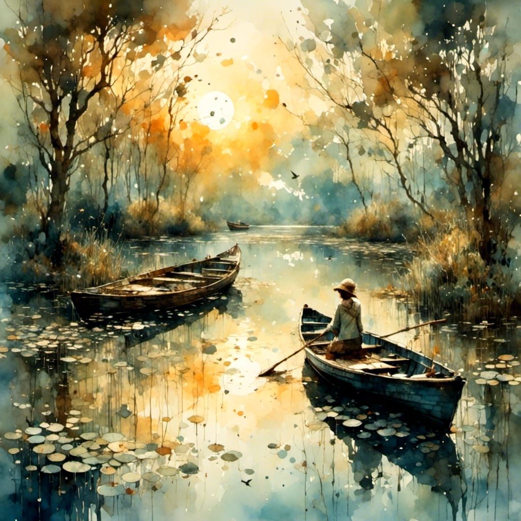 Sunset Lake Scene with Water Lilies and Birds