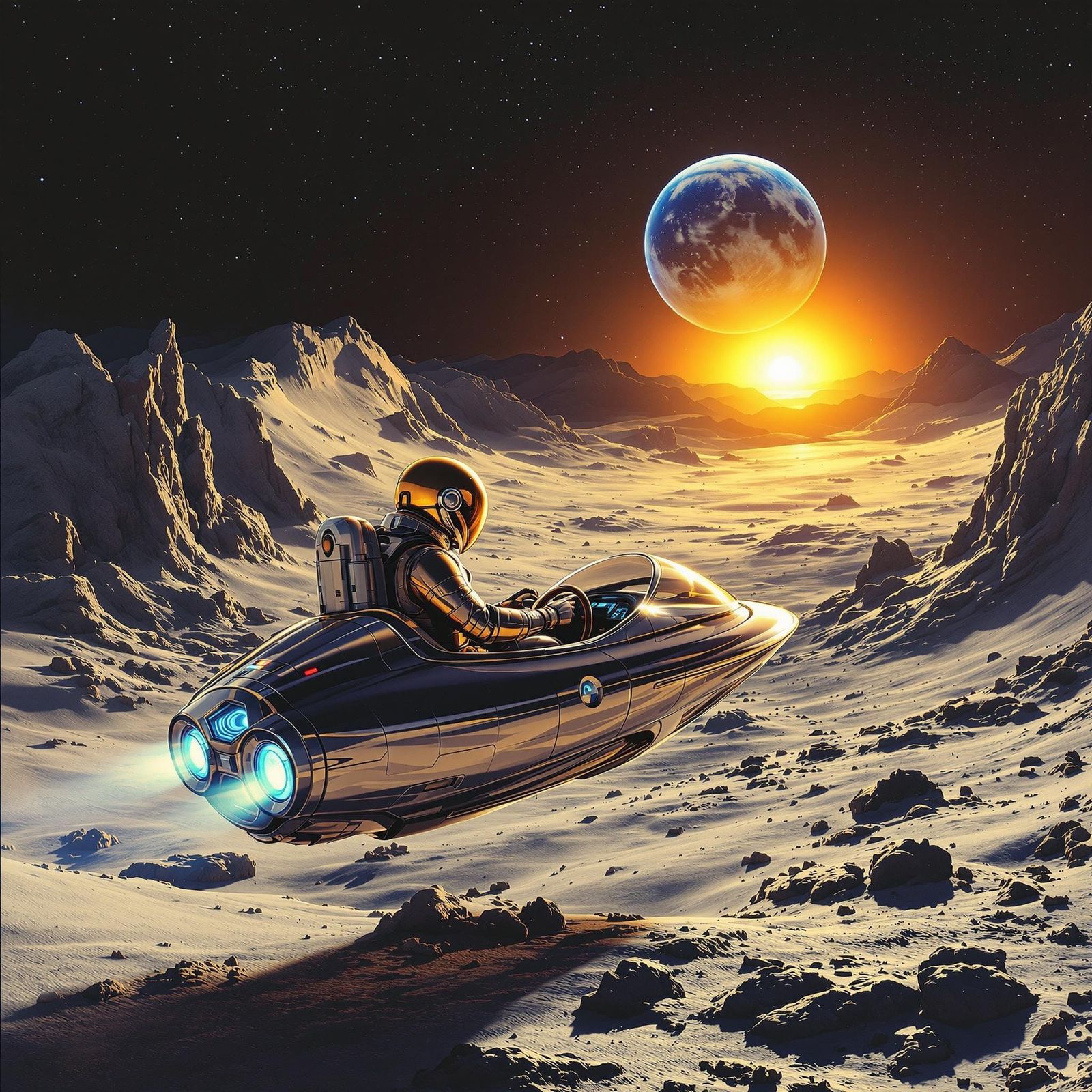 Futuristic Astronaut Drives Flying Car on Lunar Horizon with...