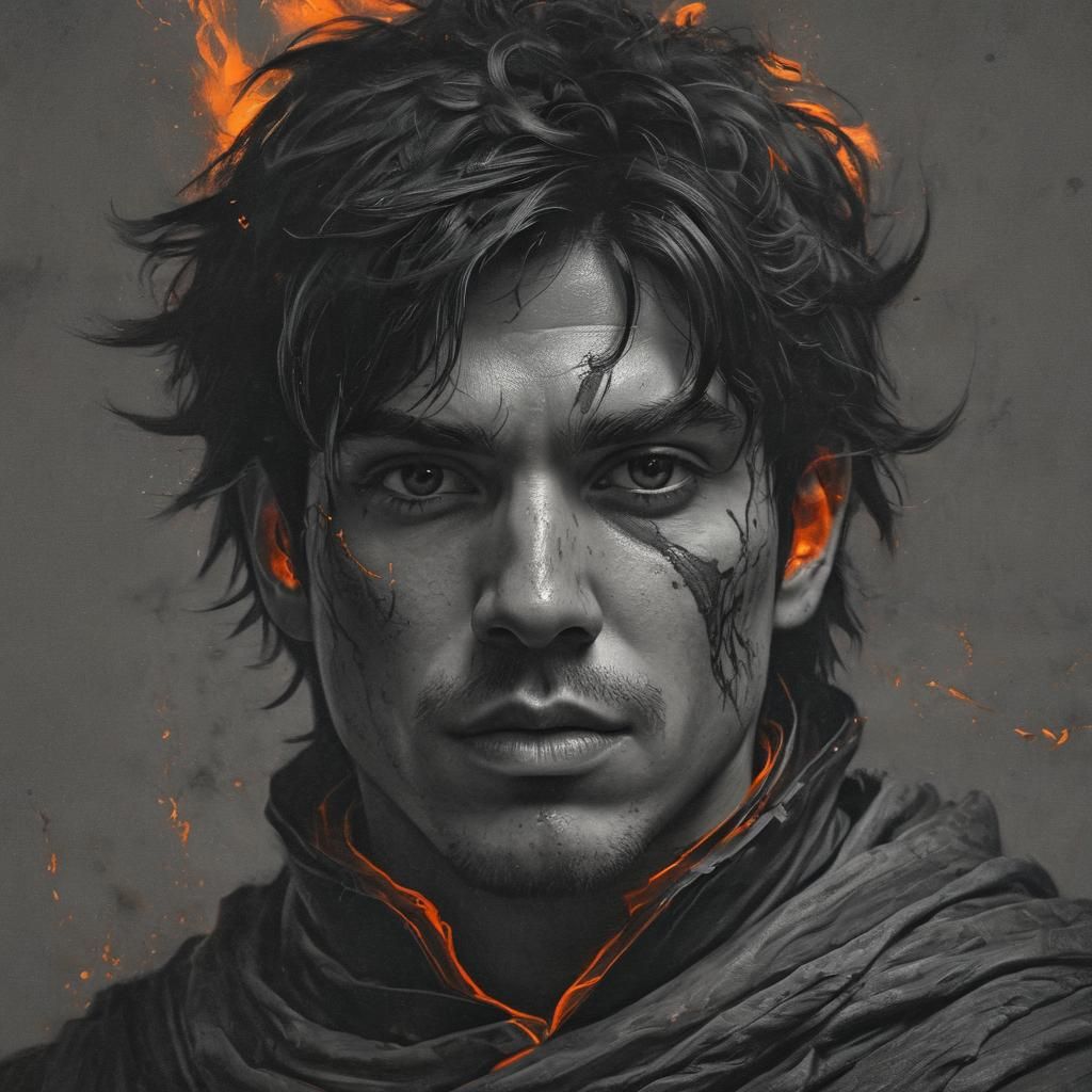 Intense Fire Genasi Wizard in Charcoal Portrait