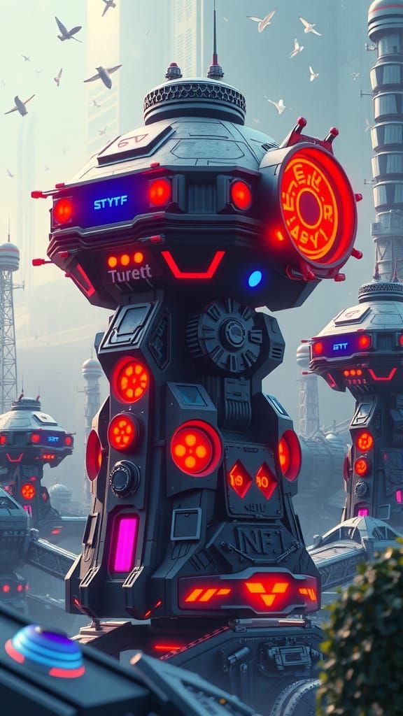 Futuristic Smart Turret in High-Tech Environment