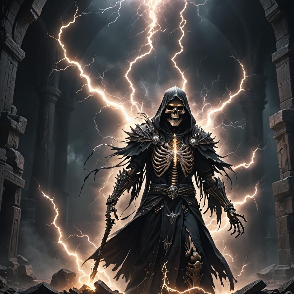 Epic Dark Wizard Skeleton Channeling Lightning