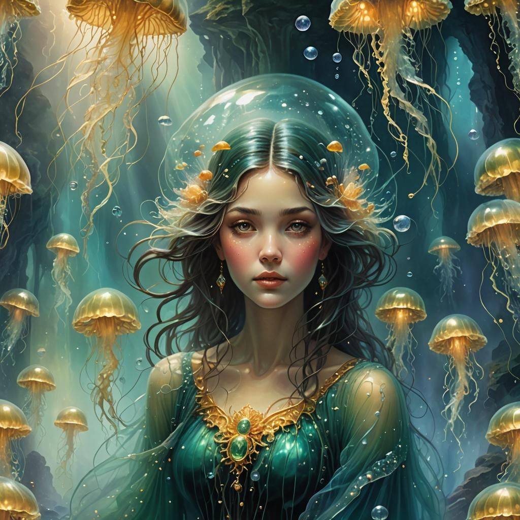 Mysterious Veiled Woman in Iridescent Cavern