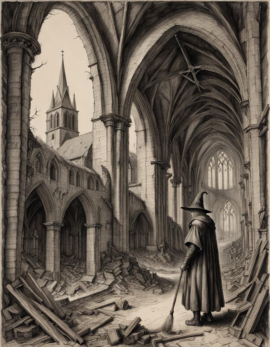 Witch Hunter Explores Ruined Church in Charcoal