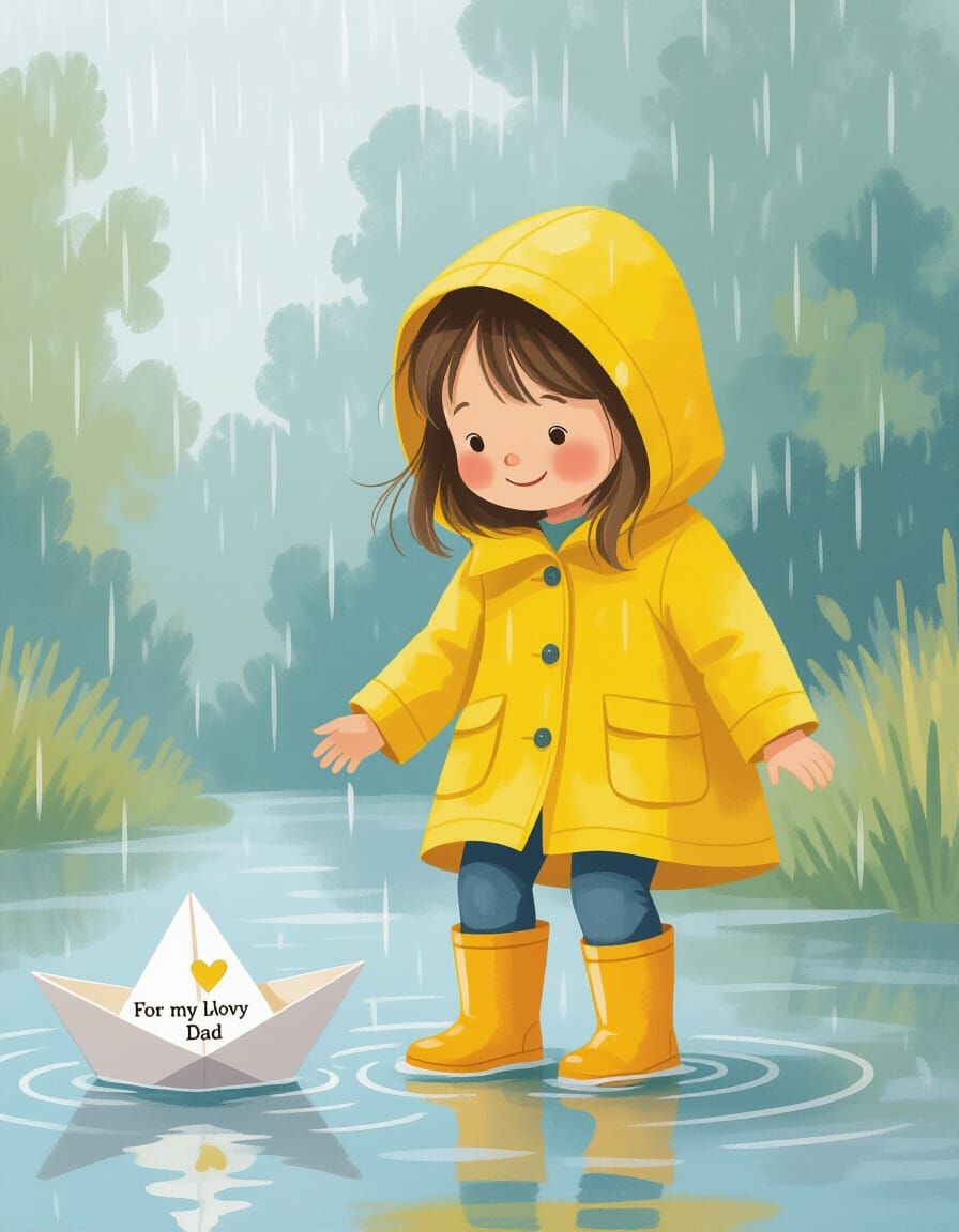 Girl in Yellow Raincoat Playing in the Rain