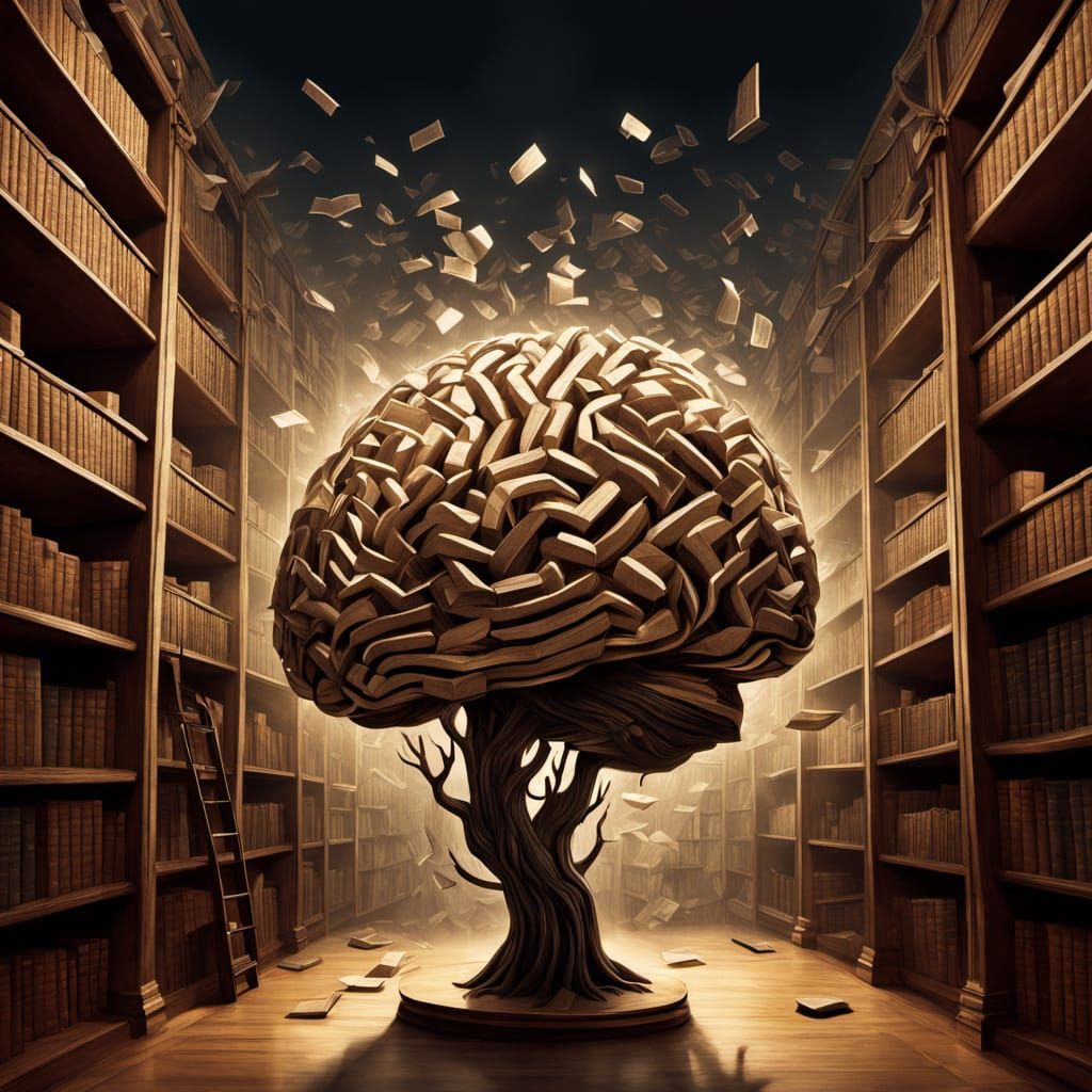 Escher-Inspired Brain of Maze Books in a Golden Library