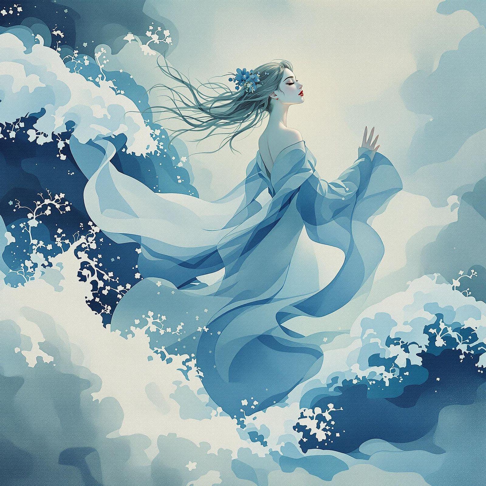 River Goddess in Dreamy, Art Nouveau-Inspired Chinese Illust...
