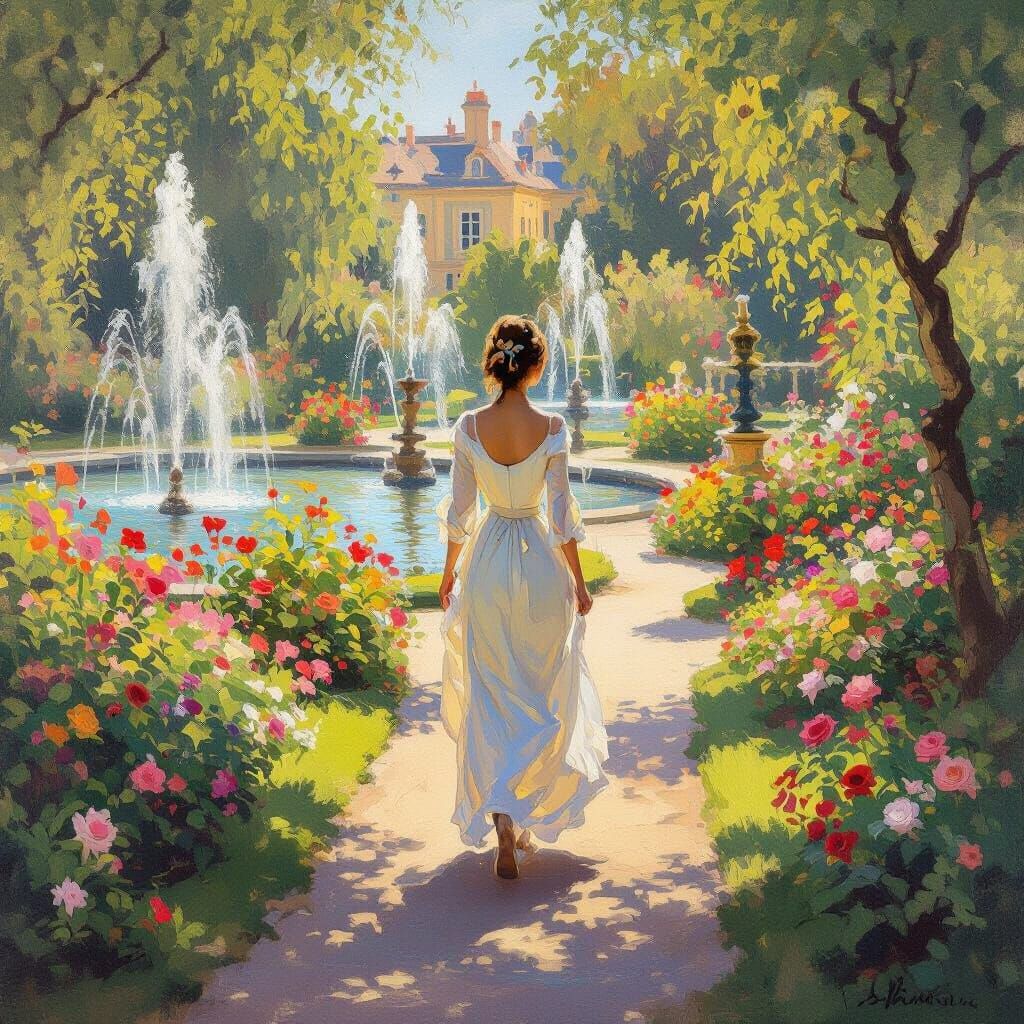 Woman in Palace Gardens in Impressionist Style