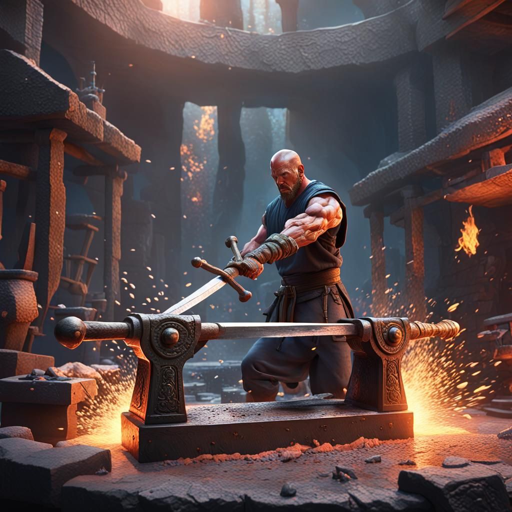 Blacksmith Forging Sword: Hyperrealistic Splash Art