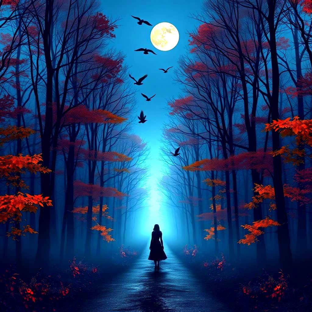 Mystic Forest Path with Woman in Black Dress