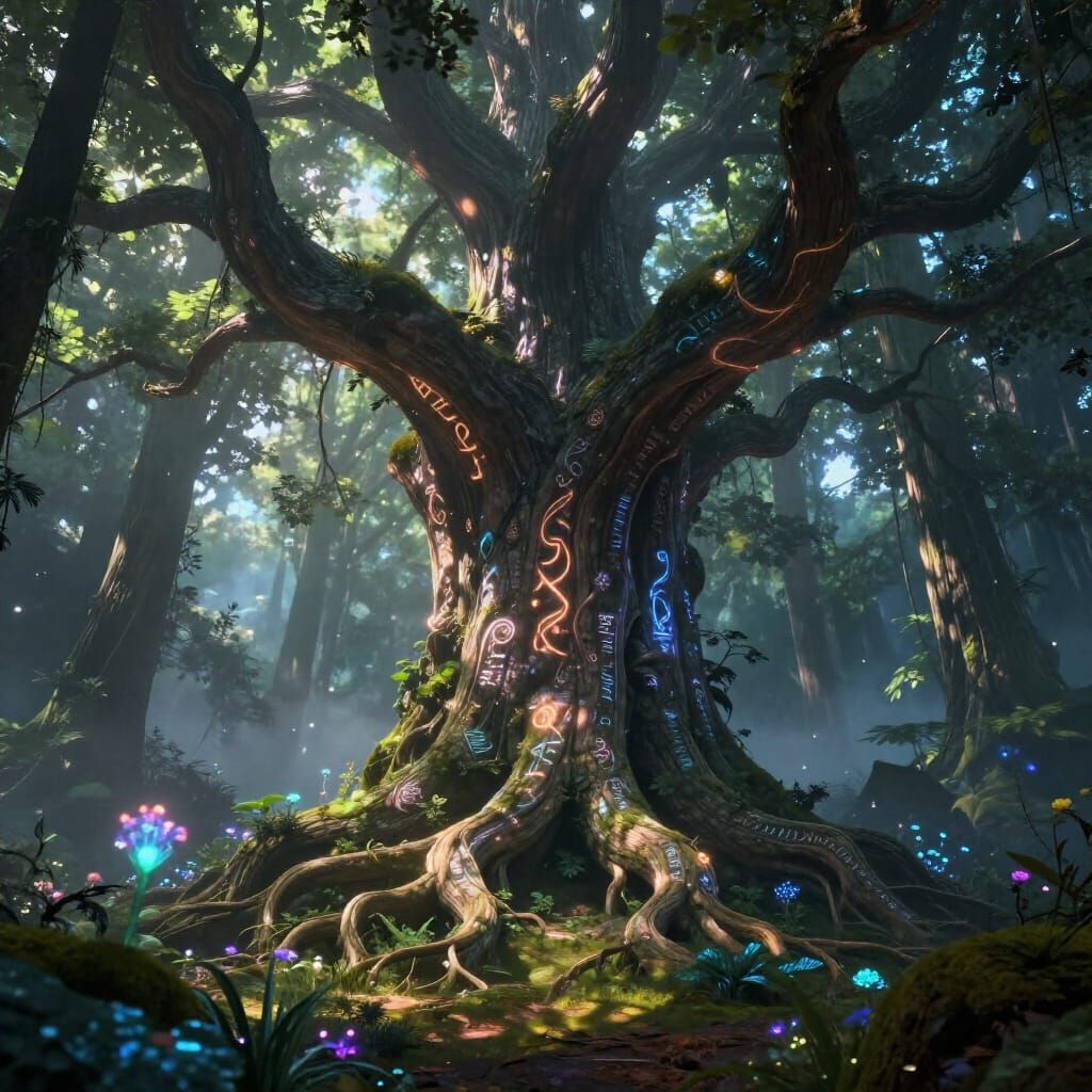 Ancient Tree with Glowing Roots in Misty Forest