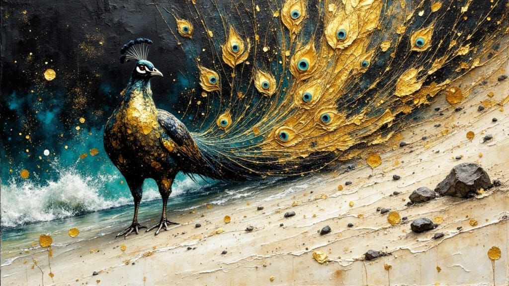 Peacock Displayed on Beach in Dreamscape Style