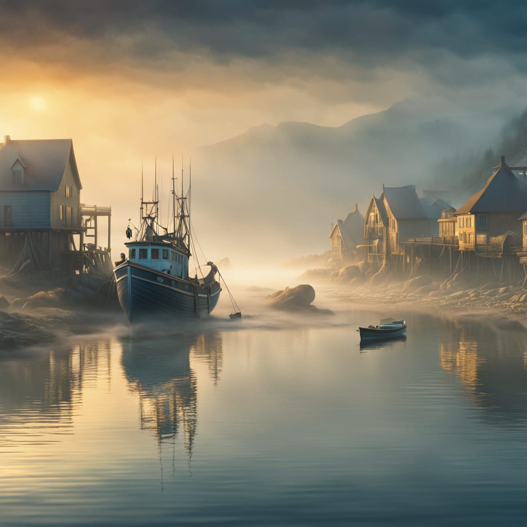 Foggy Beach with Fishing Trawler: Cinematic Digital Art