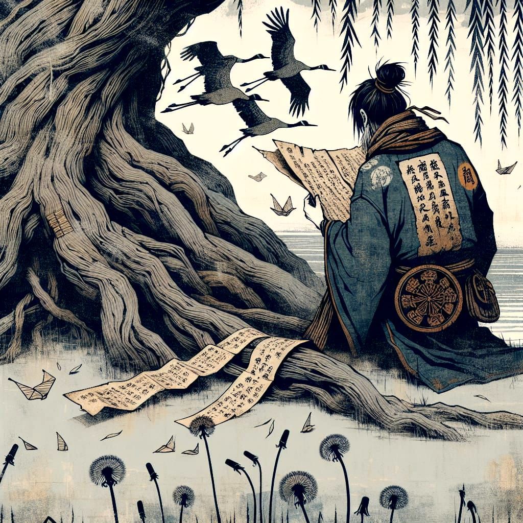 Lone Samurai Contemplates Ancient Landscape