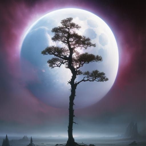 Mystical Tree and Spaceship in Dystopian Landscape