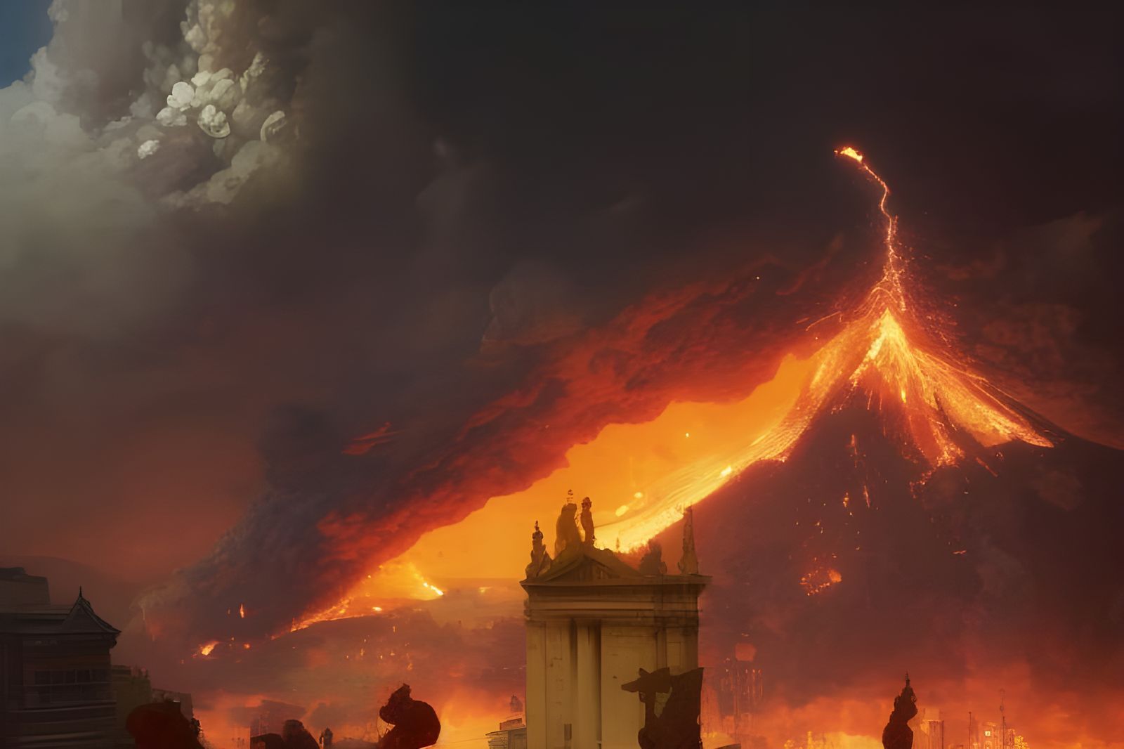 Volcanic Eruption Over Ancient City in Art Nouveau Style