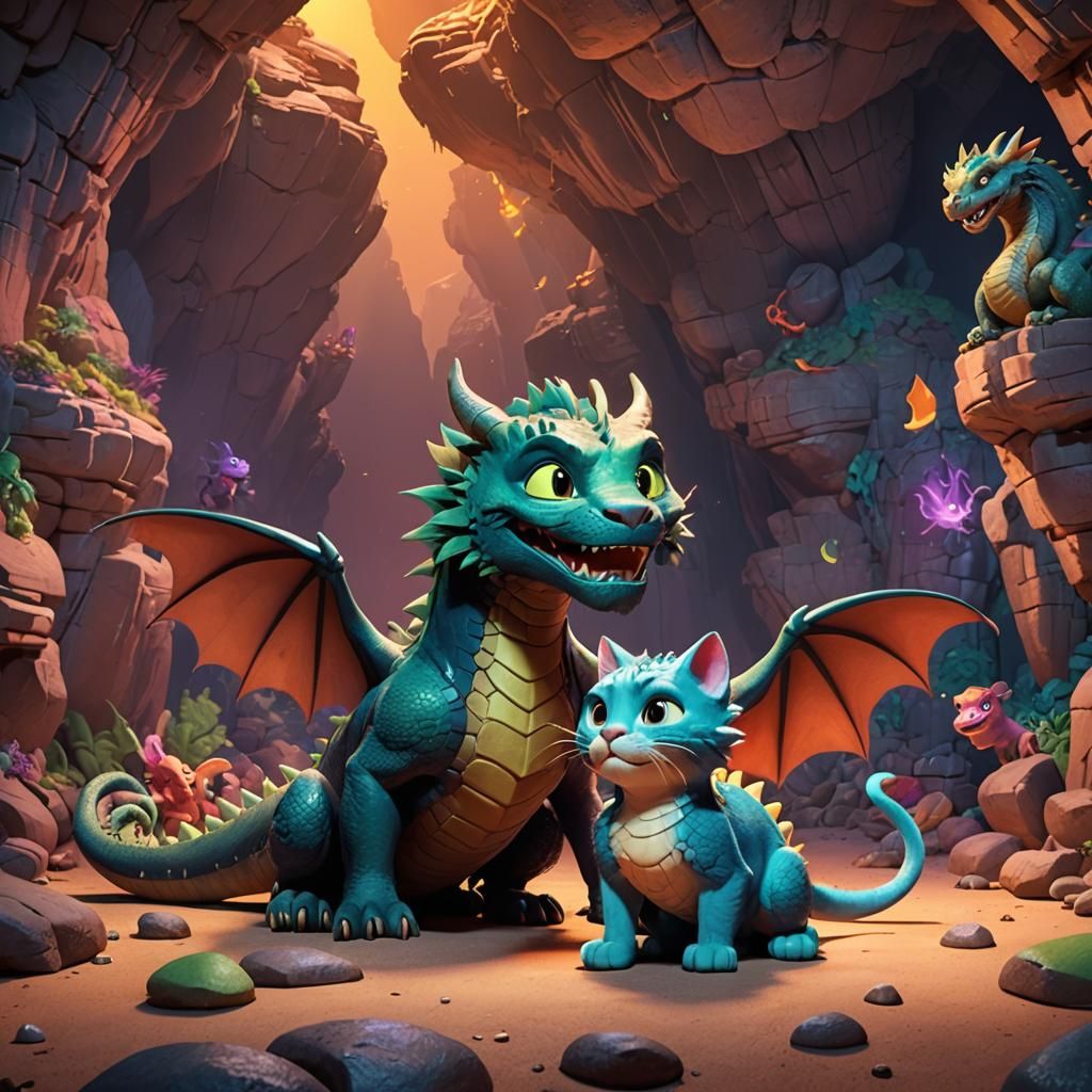 Cat and Dragon in Cave: Pixar-Style 3D Art