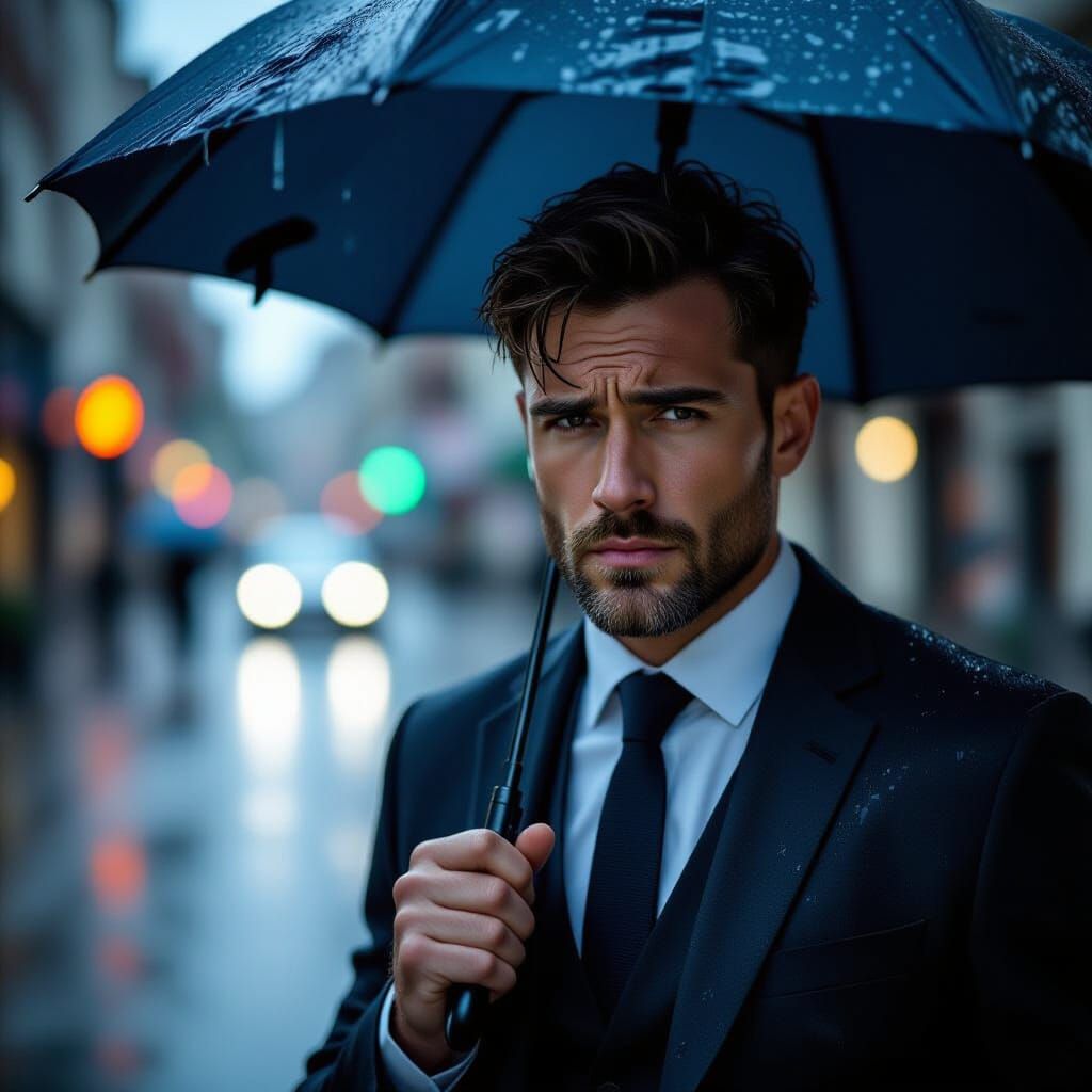 Drenched Professional in Melancholy Rainy Day Scene