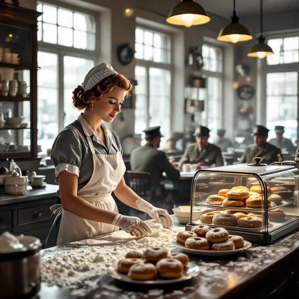 1940s Bakery Scene: Baker and Soldiers