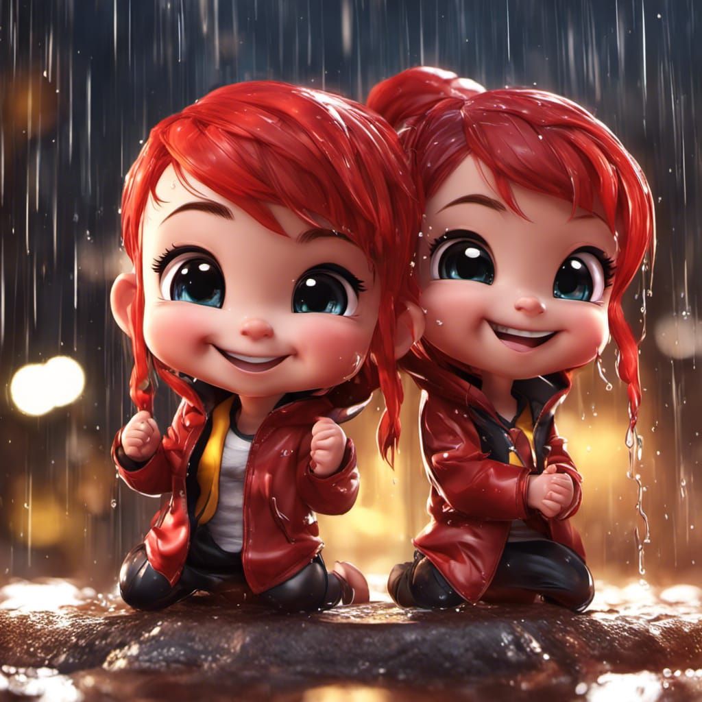 Chibi Baby Girls Twirling in Rain, 3D Rendered